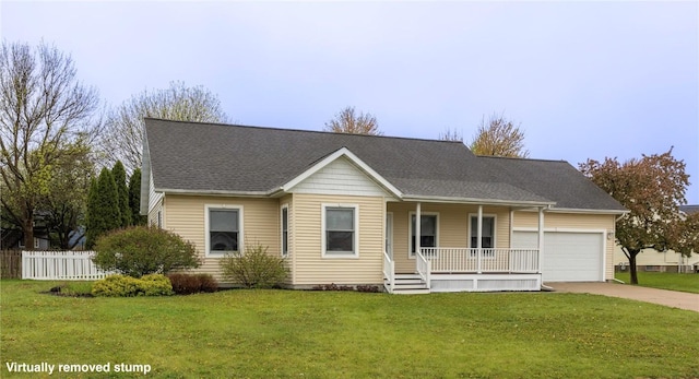 view of front of home featuring fence, a garage, a porch, a front yard, and concrete driveway