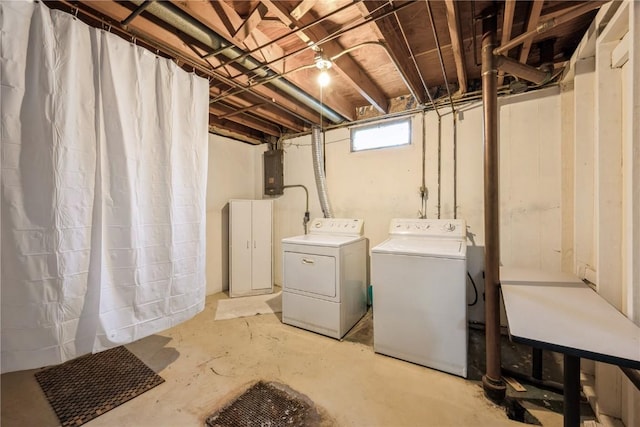clothes washing area featuring laundry area, washer and clothes dryer, and electric panel