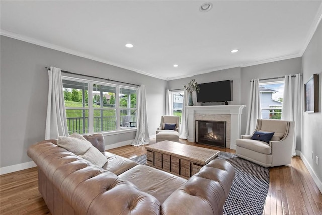 917 Robin Rd, Iowa City, IA 52246 - living room featuring ornamental molding, baseboards, a glass covered fireplace, and wood finished floors