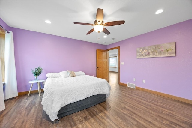 bedroom with recessed lighting, baseboards, ceiling fan, visible vents, and wood finished floors