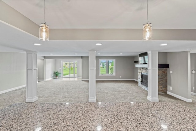 4332 Quail Trail Dr, Marion, IA 52302 - basement featuring carpet, baseboards, a stone fireplace, and recessed lighting