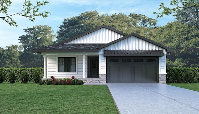 view of front of property featuring driveway, a garage, a front lawn, and board and batten siding