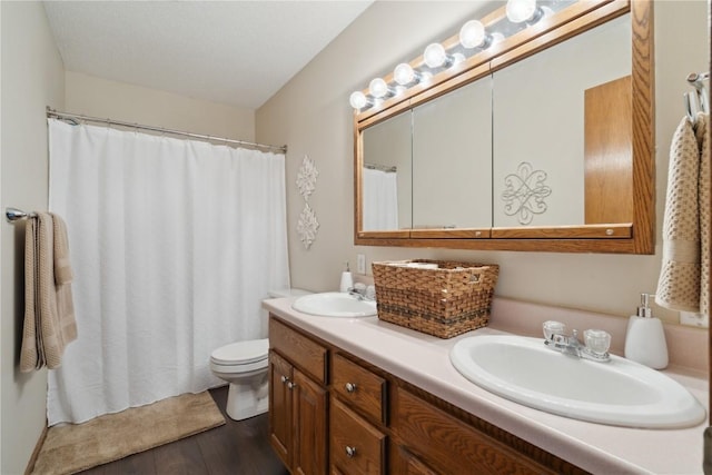 4199 Brookside Dr, Marion, IA 52302 - bathroom with toilet, double vanity, a sink, and wood finished floors