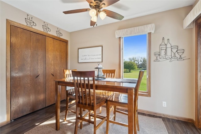 4199 Brookside Dr, Marion, IA 52302 - dining area featuring ceiling fan, baseboards, and dark wood-style floors