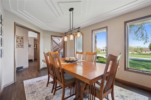 4199 Brookside Dr, Marion, IA 52302 - dining area with dark wood-type flooring, baseboards, visible vents, and stairs
