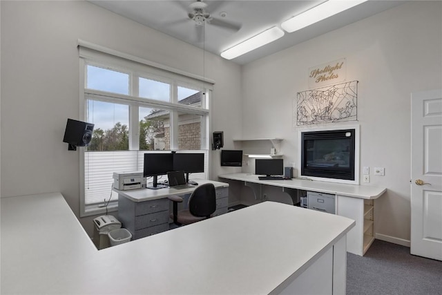 carpeted office featuring ceiling fan