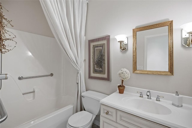 full bathroom featuring toilet, shower / bath combo, and vanity