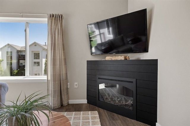 interior space featuring wood finished floors, baseboards, and a glass covered fireplace