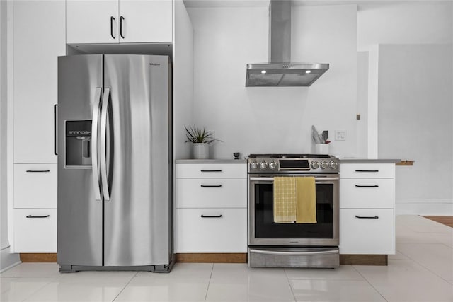 kitchen with ventilation hood, white cabinetry, baseboards, modern cabinets, and appliances with stainless steel finishes