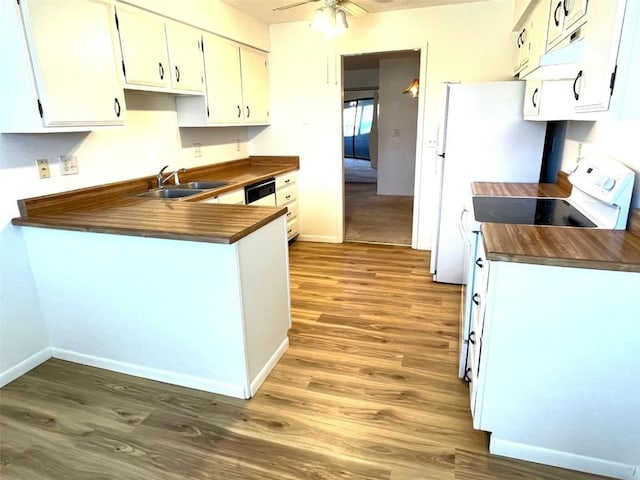 kitchen featuring white range with electric stovetop, a peninsula, a sink, and wood finished floors