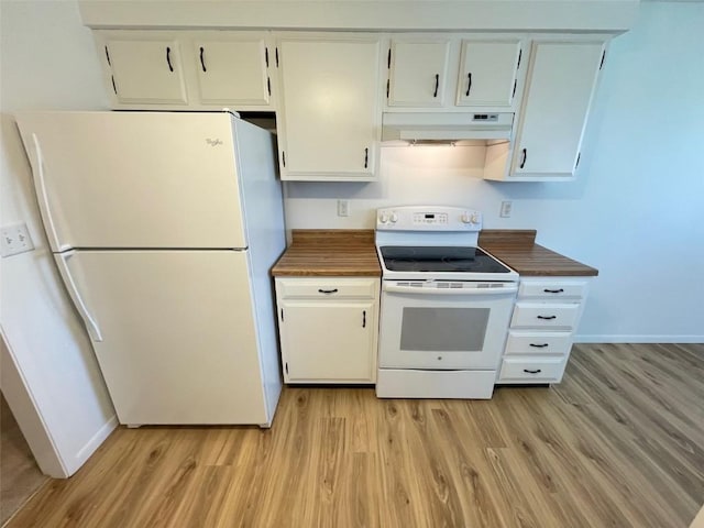 kitchen with butcher block countertops, under cabinet range hood, baseboards, white appliances, and light wood-style floors