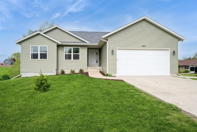 ranch-style home with a garage, driveway, a front yard, and roof with shingles