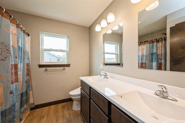 full bath with wood finished floors, toilet, double vanity, and a shower with shower curtain