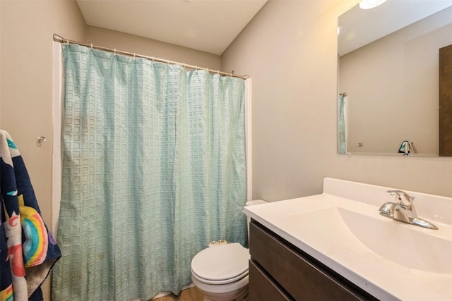 full bath with toilet, vanity, and a shower with curtain