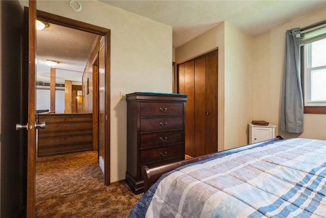 bedroom with carpet flooring, a textured ceiling, and a closet