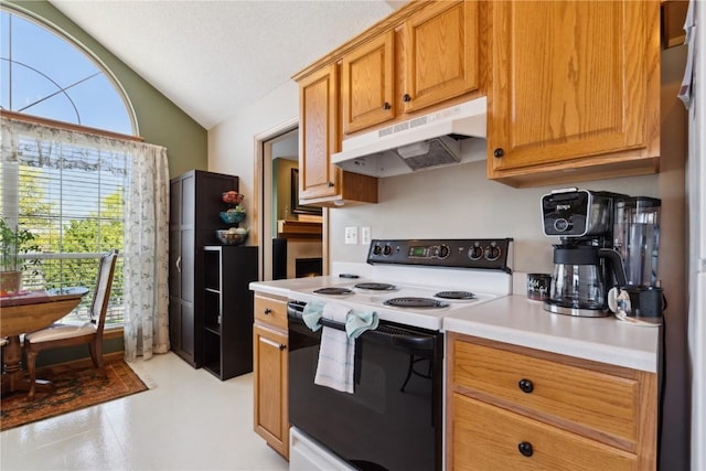 3110 Willowridge Rd Unit D, Marion, IA 52302 - kitchen with range with electric stovetop, under cabinet range hood, lofted ceiling, light countertops, and brown cabinets