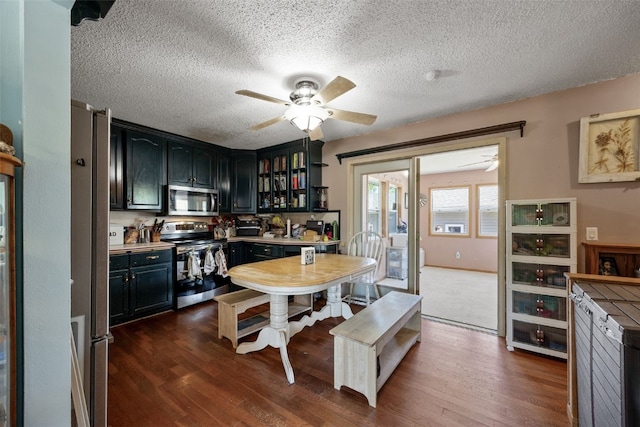 kitchen featuring appliances with stainless steel finishes, ceiling fan, a textured ceiling, dark wood-style flooring, and glass insert cabinets