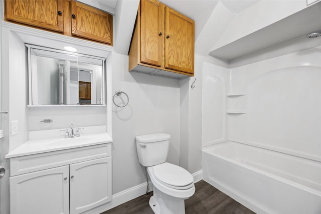 300 SW Palisades Rd, Mount Vernon, IA 52314 - bathroom with wood finished floors, baseboards, toilet, vanity, and shower / tub combination