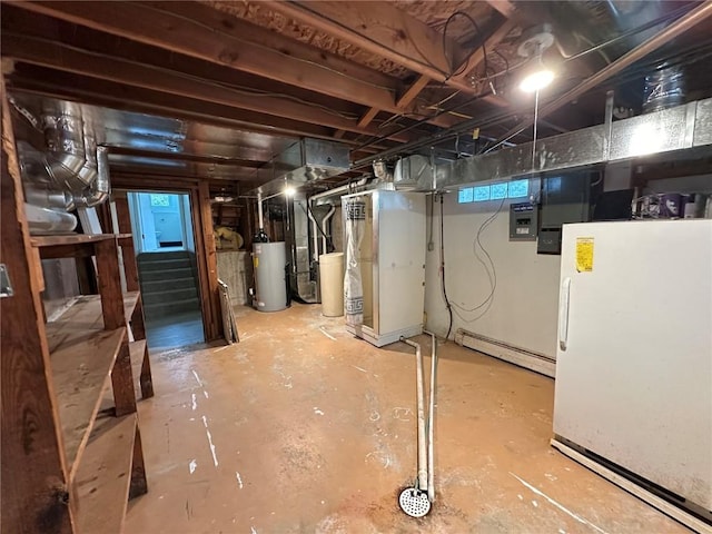2770 24th Ave, Marion, IA 52302 - below grade area with gas water heater, baseboard heating, freestanding refrigerator, stairway, and electric panel