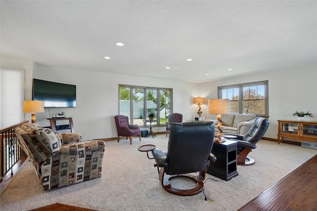 living area featuring healthy amount of natural light, recessed lighting, baseboards, wood finished floors, and a textured ceiling