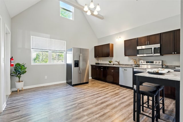 kitchen featuring stainless steel appliances, high vaulted ceiling, dark brown cabinetry, light countertops, and healthy amount of natural light