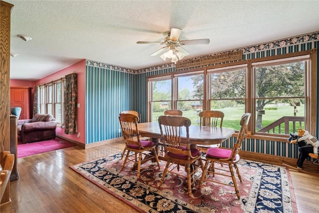 4030 Bruce Rd, Marion, IA 52302 - dining room with a textured ceiling, a ceiling fan, healthy amount of natural light, wood finished floors, and baseboards