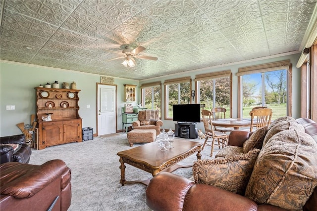 4030 Bruce Rd, Marion, IA 52302 - carpeted living room featuring ornamental molding, an ornate ceiling, and a ceiling fan