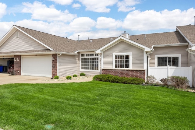 ranch-style house featuring brick siding, concrete driveway, an attached garage, a shingled roof, and a chimney