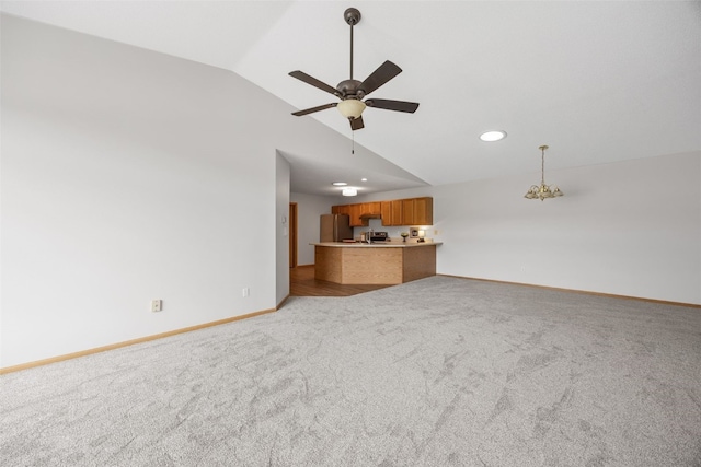 unfurnished living room with lofted ceiling, a ceiling fan, light carpet, baseboards, and recessed lighting