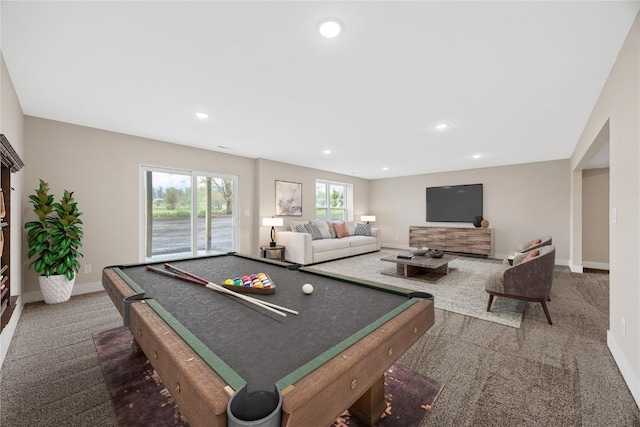 playroom featuring carpet floors, baseboards, billiards table, and recessed lighting