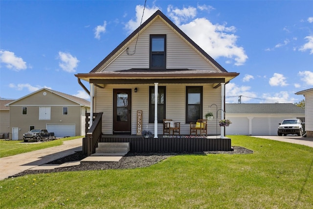 view of front facade featuring covered porch, a front yard, and cooling unit