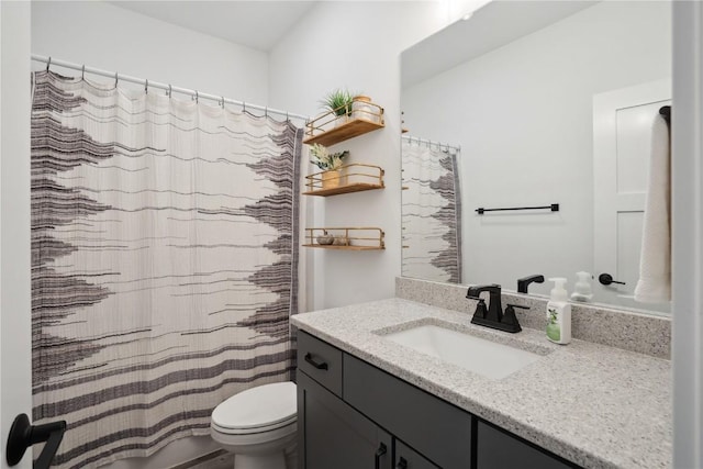 bathroom with toilet, vanity, and a shower with curtain