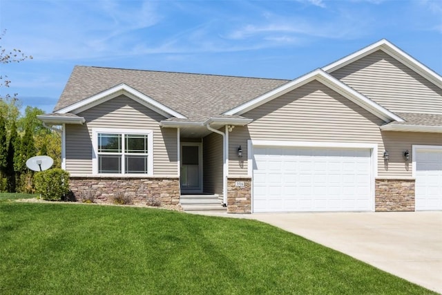 view of front of house featuring a garage, stone siding, roof with shingles, and a front yard