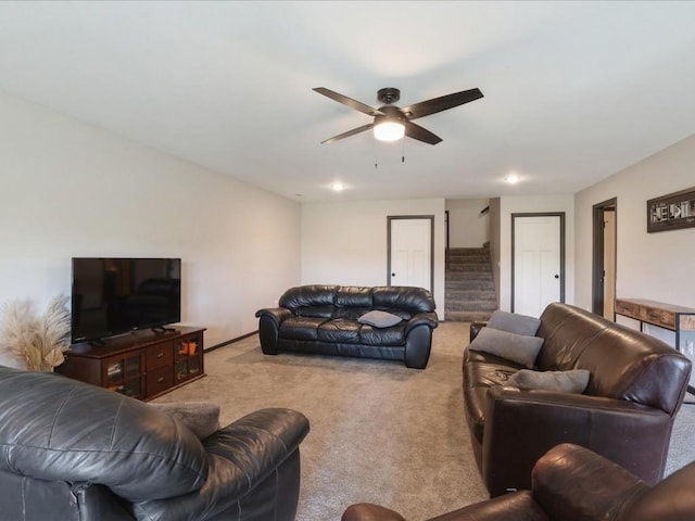living room featuring stairway, carpet floors, ceiling fan, baseboards, and recessed lighting
