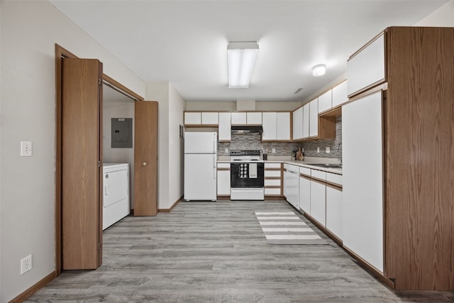 kitchen featuring white appliances, washer / clothes dryer, electric panel, white cabinets, and light wood finished floors