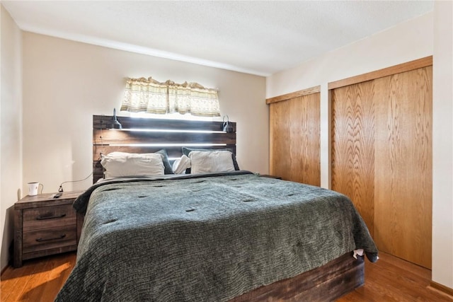 bedroom featuring multiple closets and wood finished floors
