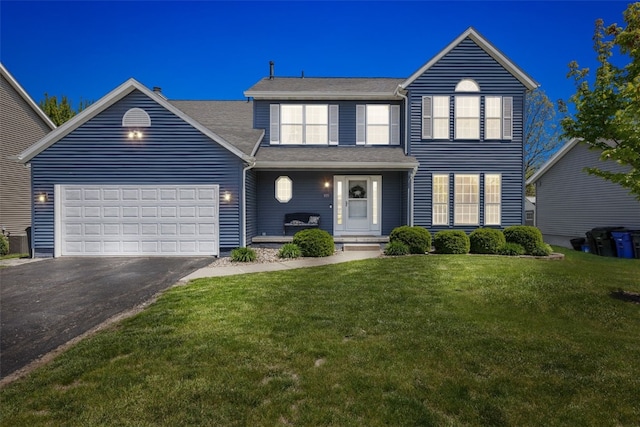view of front of property with asphalt driveway, a garage, and a front yard