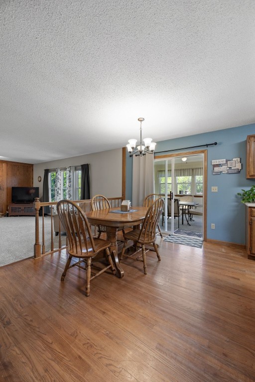 dining area with a textured ceiling, a chandelier, and wood finished floors