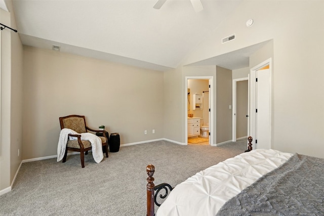 bedroom with carpet floors, vaulted ceiling, baseboards, and ceiling fan