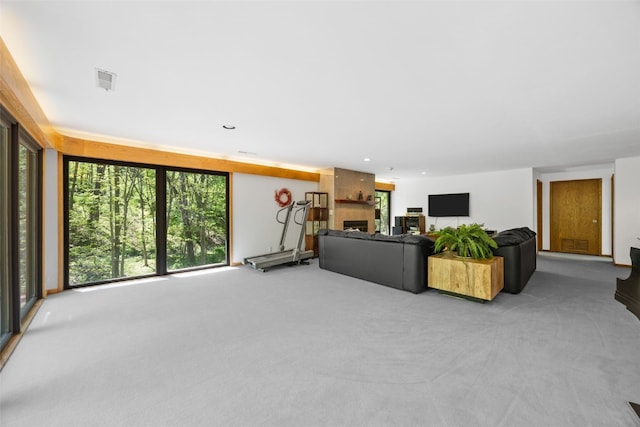 13 Woodland Hts, Iowa City, IA 52240 - living room with carpet, a fireplace, and recessed lighting