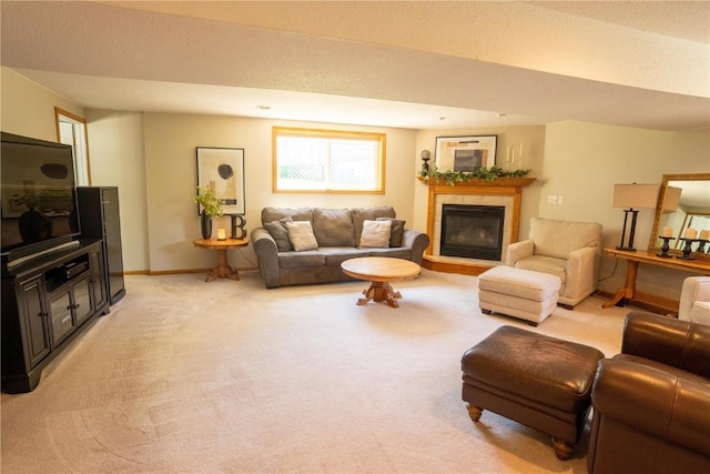 living room with light colored carpet, a fireplace, and baseboards