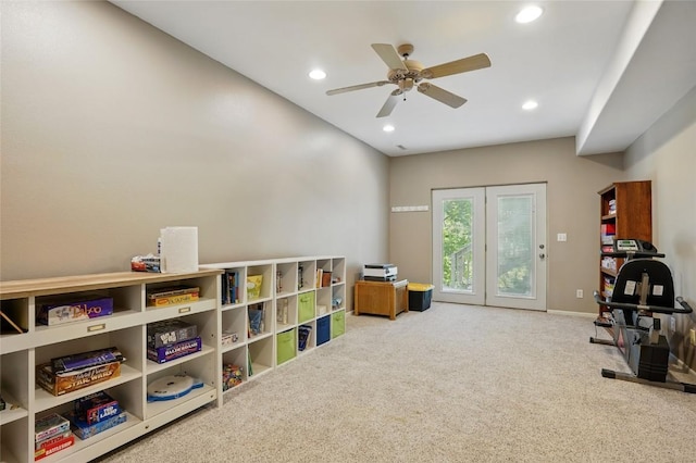 playroom with carpet flooring, ceiling fan, recessed lighting, and baseboards