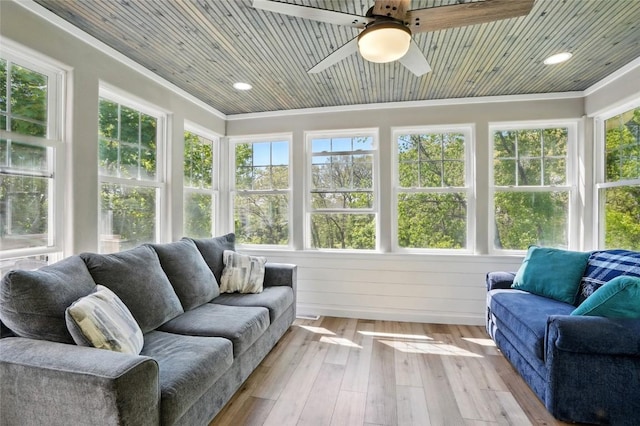 sunroom / solarium featuring hardwood / wood-style floors, crown molding, wood ceiling, and recessed lighting