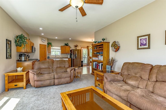 1100 Vernon Hill Blvd, Cedar Rapids, IA 52403 - living area with a ceiling fan, light carpet, and recessed lighting