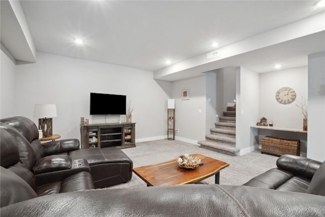 carpeted living area featuring stairs, recessed lighting, and baseboards