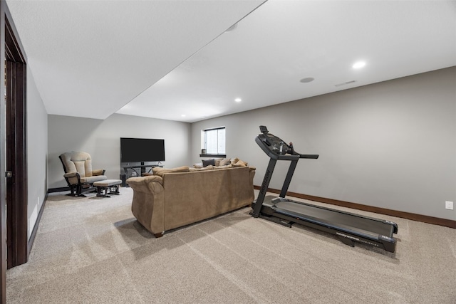 workout room with carpet, baseboards, and recessed lighting