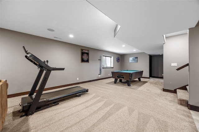 rec room featuring baseboards, billiards, recessed lighting, and light colored carpet