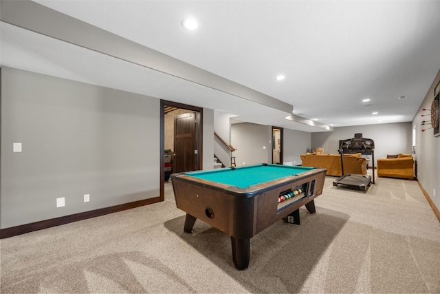 playroom featuring light colored carpet, baseboards, pool table, and recessed lighting