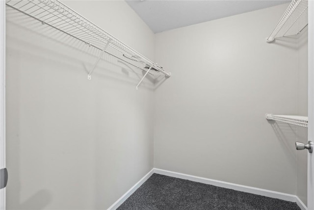 spacious closet featuring dark carpet