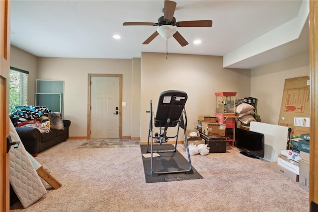 workout area with carpet, a ceiling fan, and recessed lighting